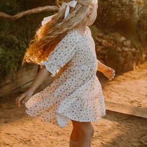 Floral White Dress with Ruffle Sleeves